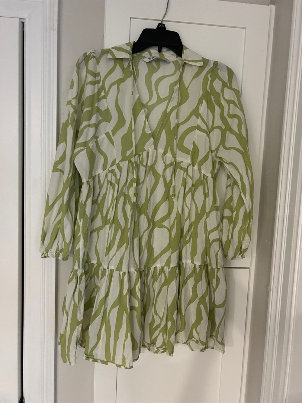 Zara Lime Green and White Printed Mini Tiered Dress